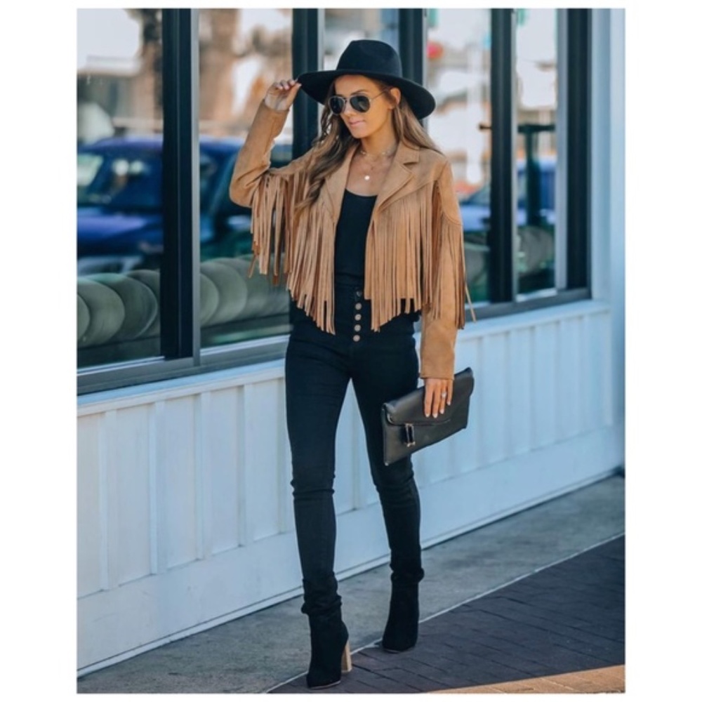 SOLD OUT Camel Faux Leather Suede Fringe Cropped Western Boho Moto Jacket - Picture 4 of 13